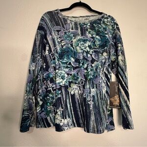 Jane Ashley Blue Floral Women's Top sprinkled w/sequins on front. Sz L. NWT.